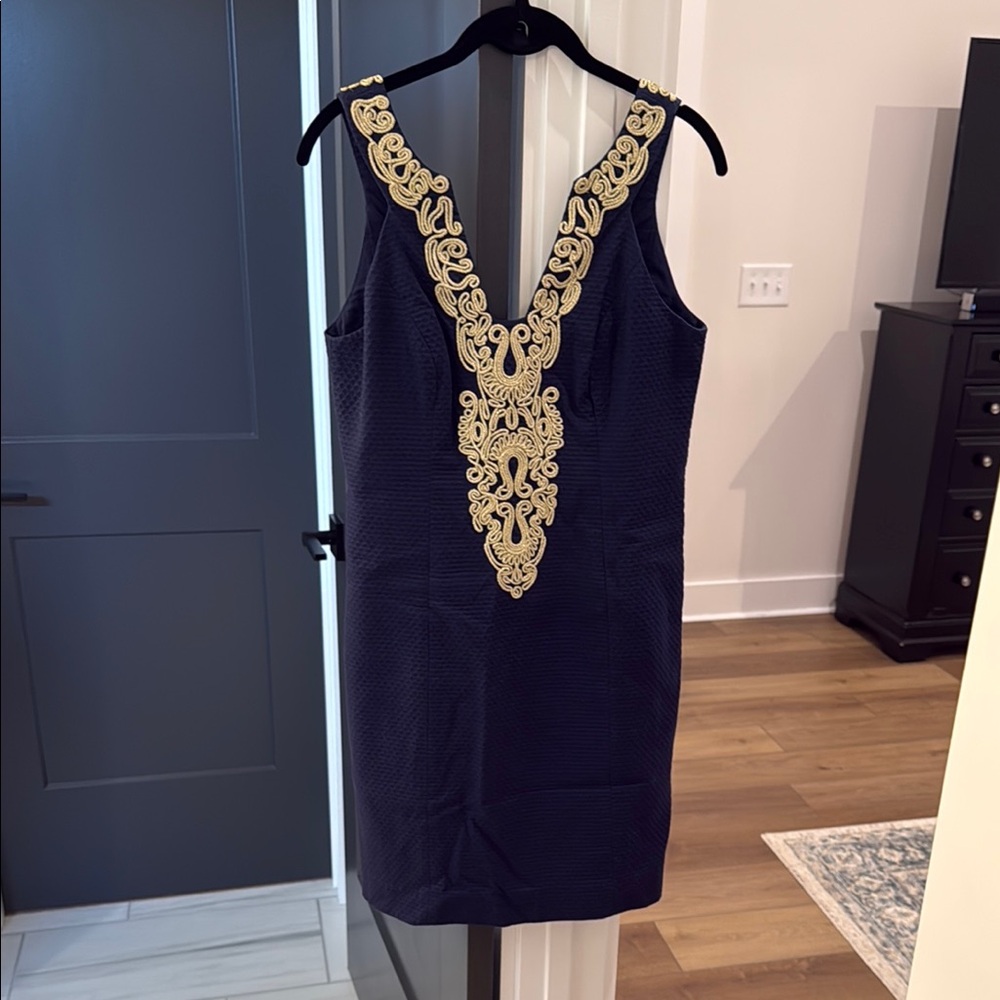 Lilly Pulitzer Blue and Gold Embellished Sheath Dress